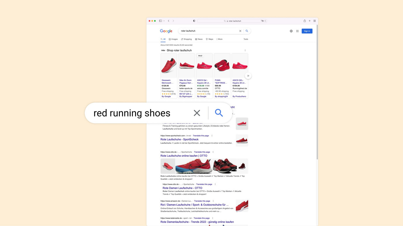 Example of transactional keywords with a Google search results page for the search term "red running shoe"