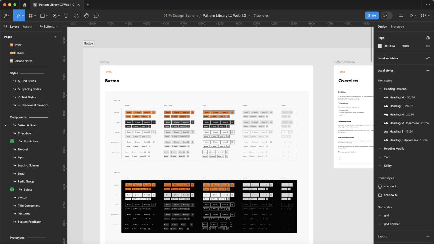 Example: the core component “Button”, in all required variations and states, designed as a cross-platform solution.