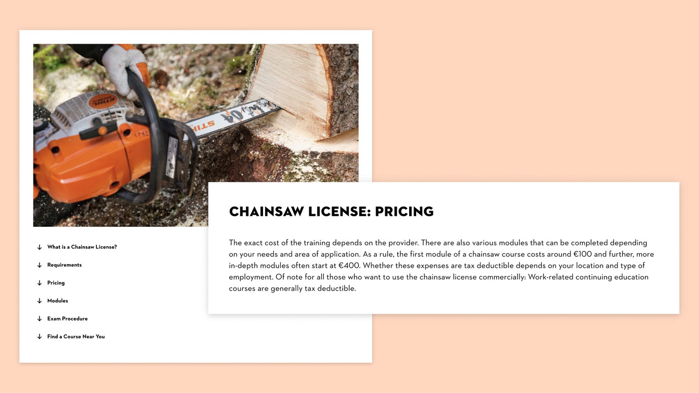 Stihl article on "Chain saw licence: costs" with navigation