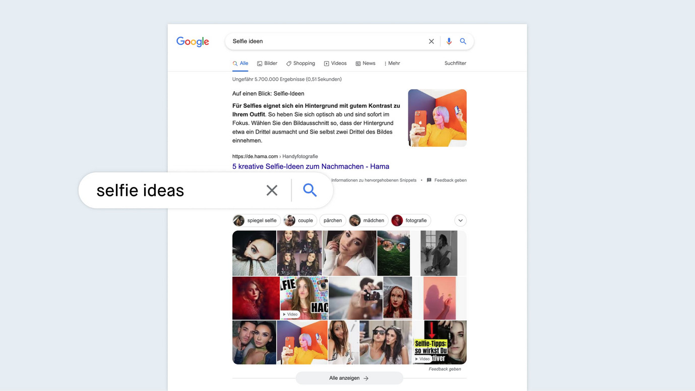 Google search results for the search term "Selfie ideen". Website of hama as the first result.