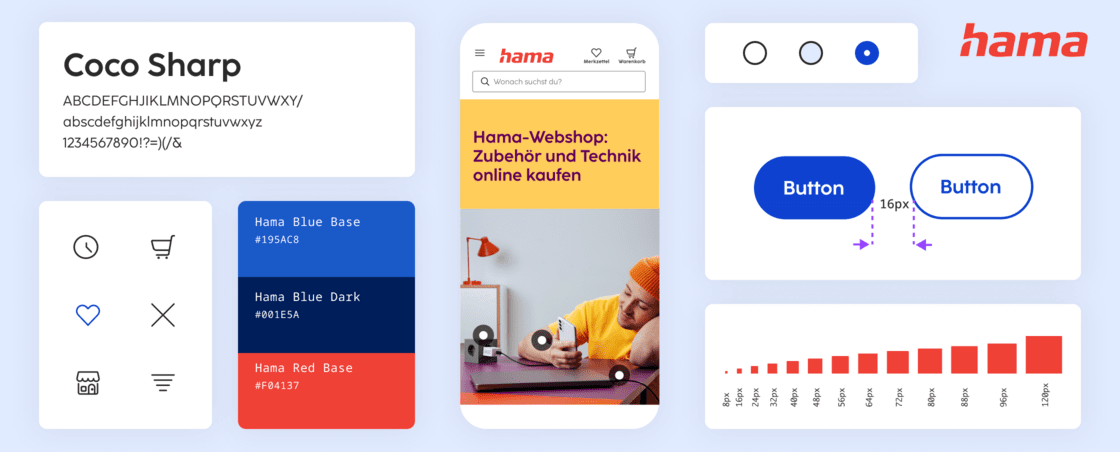 Mobiler Screenshot der Hama-Startseite und Ausschnitte aus dem Design-System, wie  z.B. Schriftart, Buttonstate und Farben