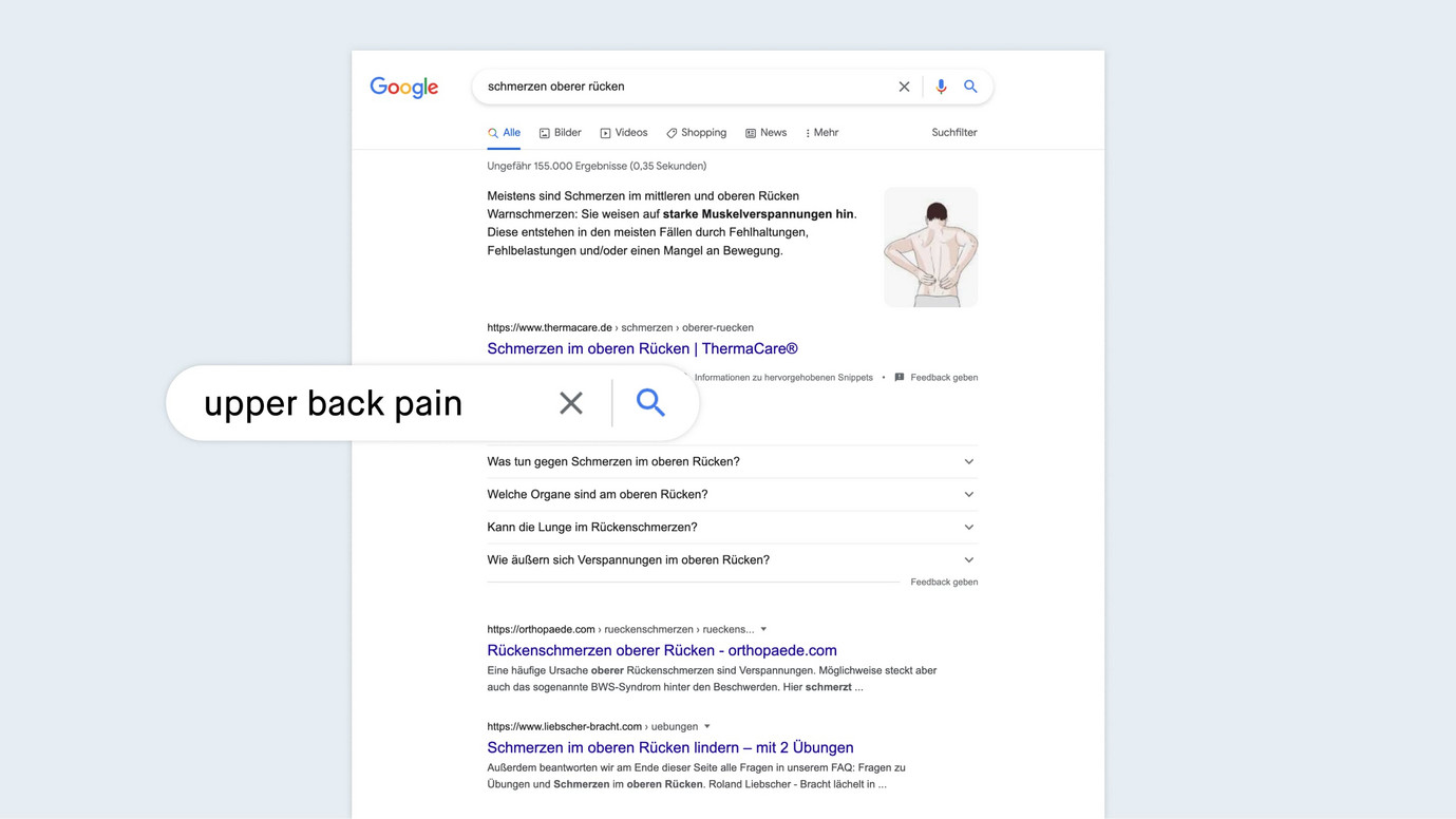 Google search results for the search term "schmerzen oberer rücken". ThermaCare website as the first result.