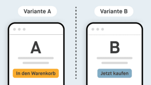 Zwei Smartphones zeigen schematisch unterschiedlichen Seitenaufbau, Variante A erhält mehr Conversions als Variante B