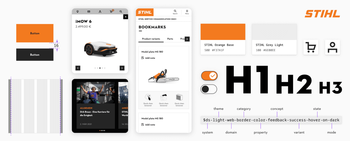 Mobiler Screenshot der STIHL-Online-Shop und Ausschnitte aus dem Design-System, wie  z.B. Buttons, Schriften, Headline-Hierarchien