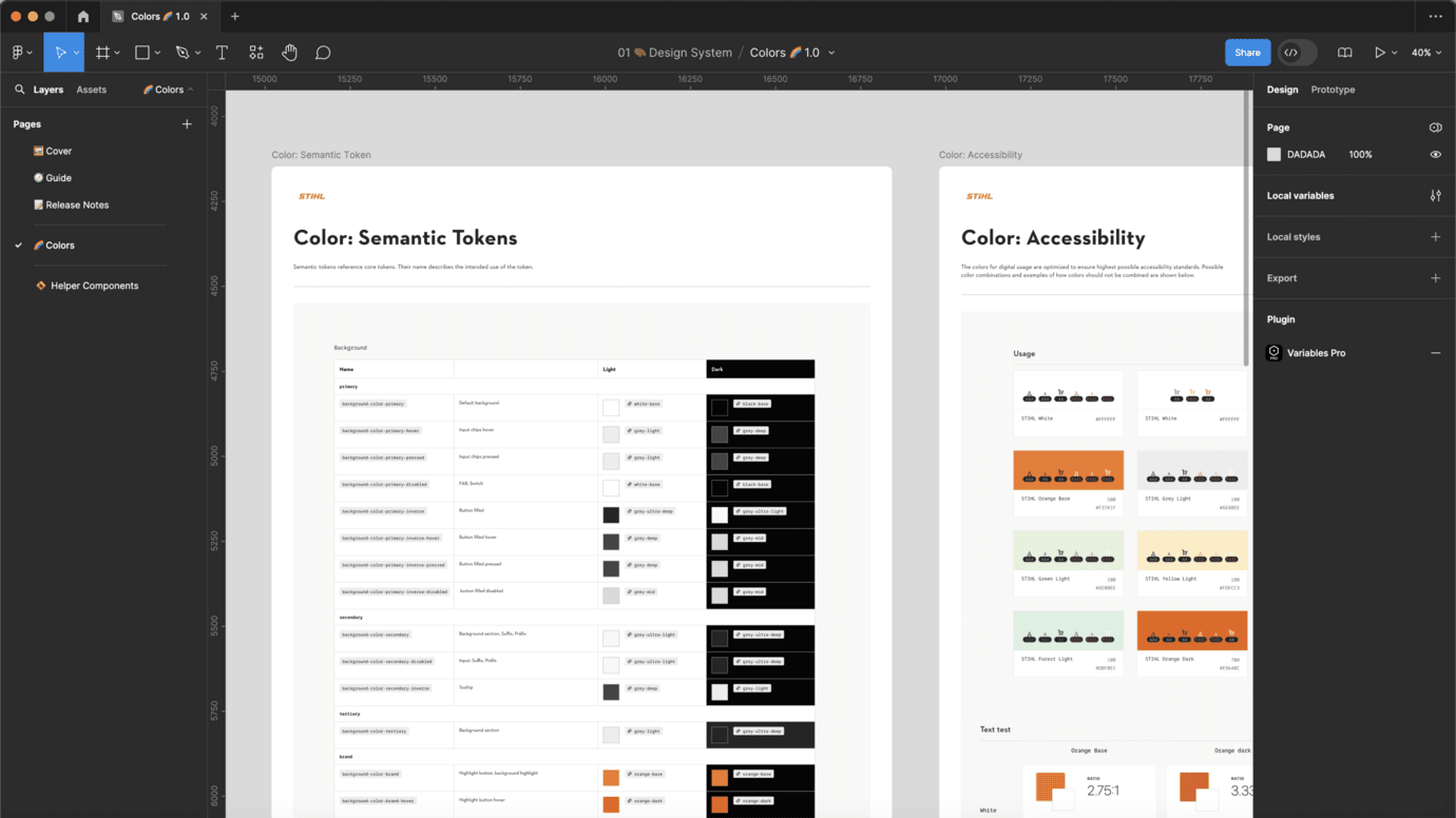 Beispiel: Die semantische Struktur der Color Variables, angelegt für Light und Dark Mode, garantiert einen barrierefreien Farbeinsatz.