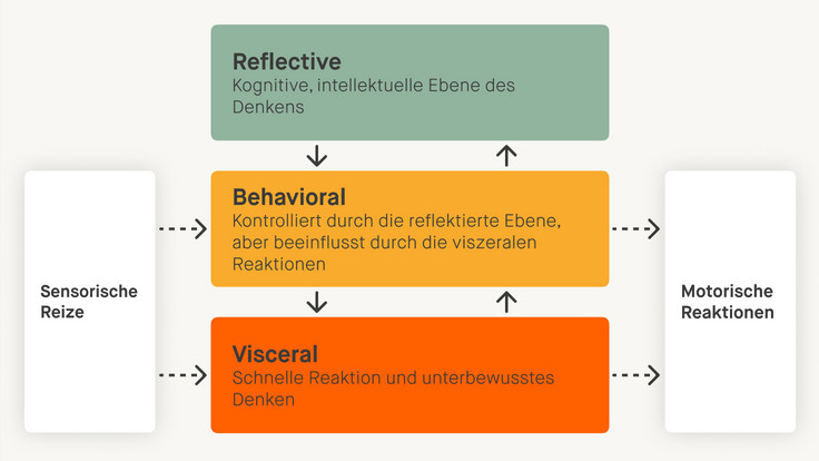 Schaubild von Zusammenspiel der 3 level von Emotional Design