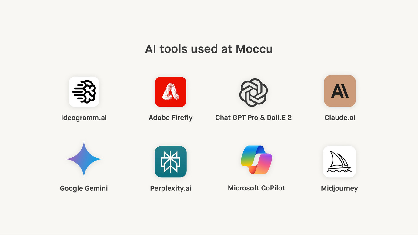 Image shows the logos of the AI tools in use at Moccu