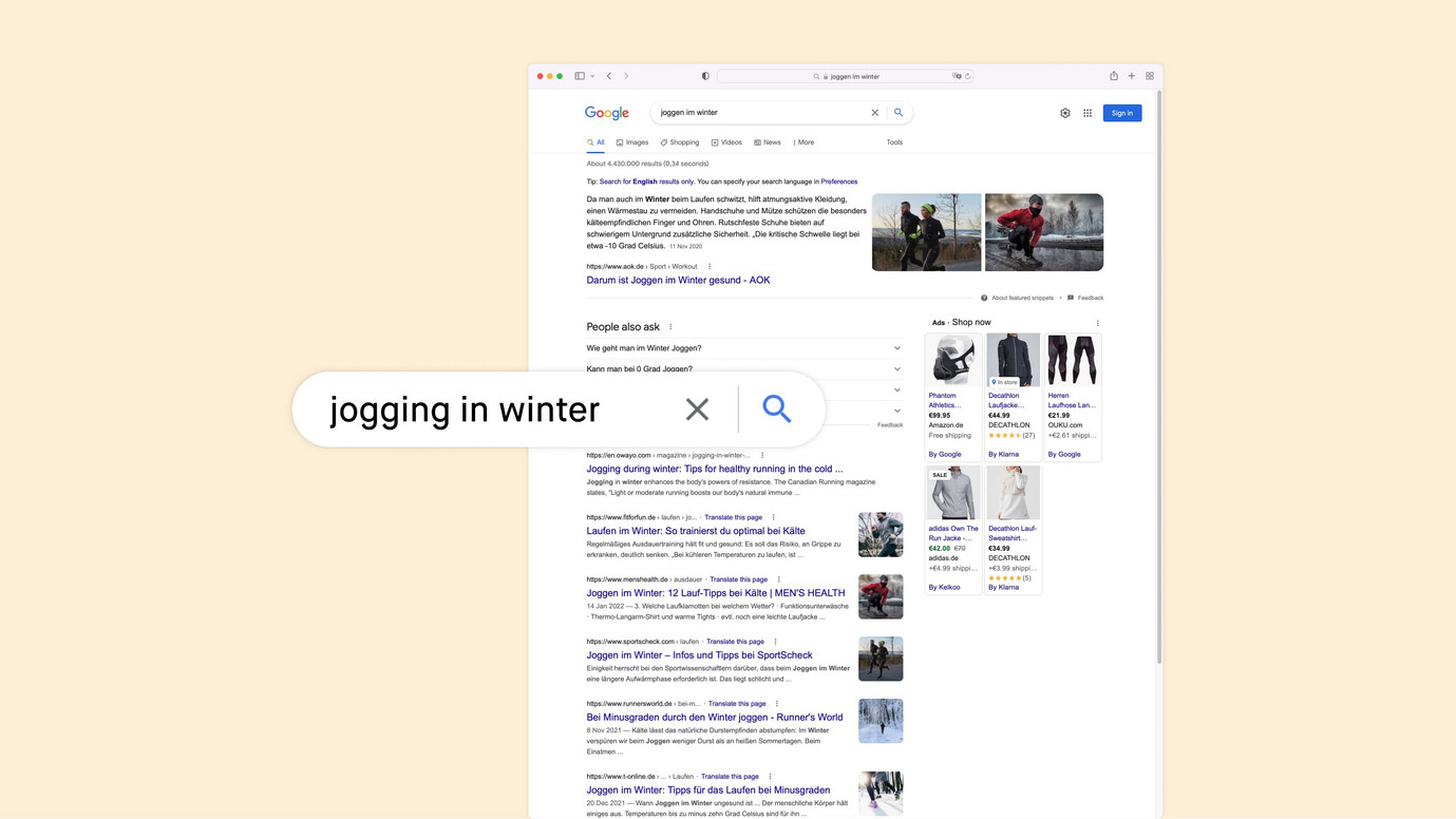 Google search with the term "jogging in winter".